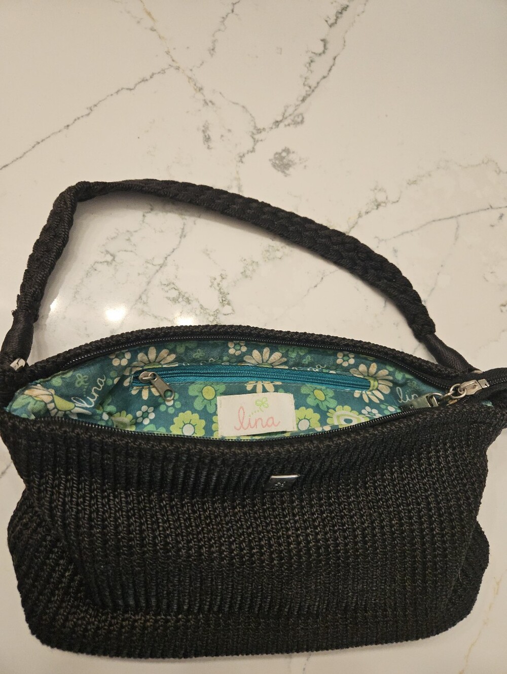 Lina Black Woven Shoulder Bag with Teal Floral Lining